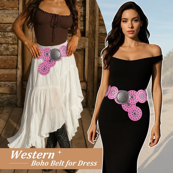 Women Wide Western Disc Belt Cowgirl Boho Leather Belt For Jeans Dress